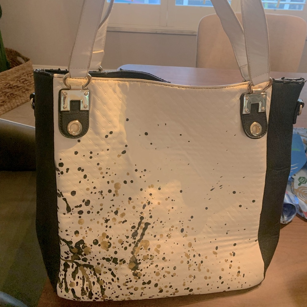 Black and white purse, bag, tote, splatter paint design